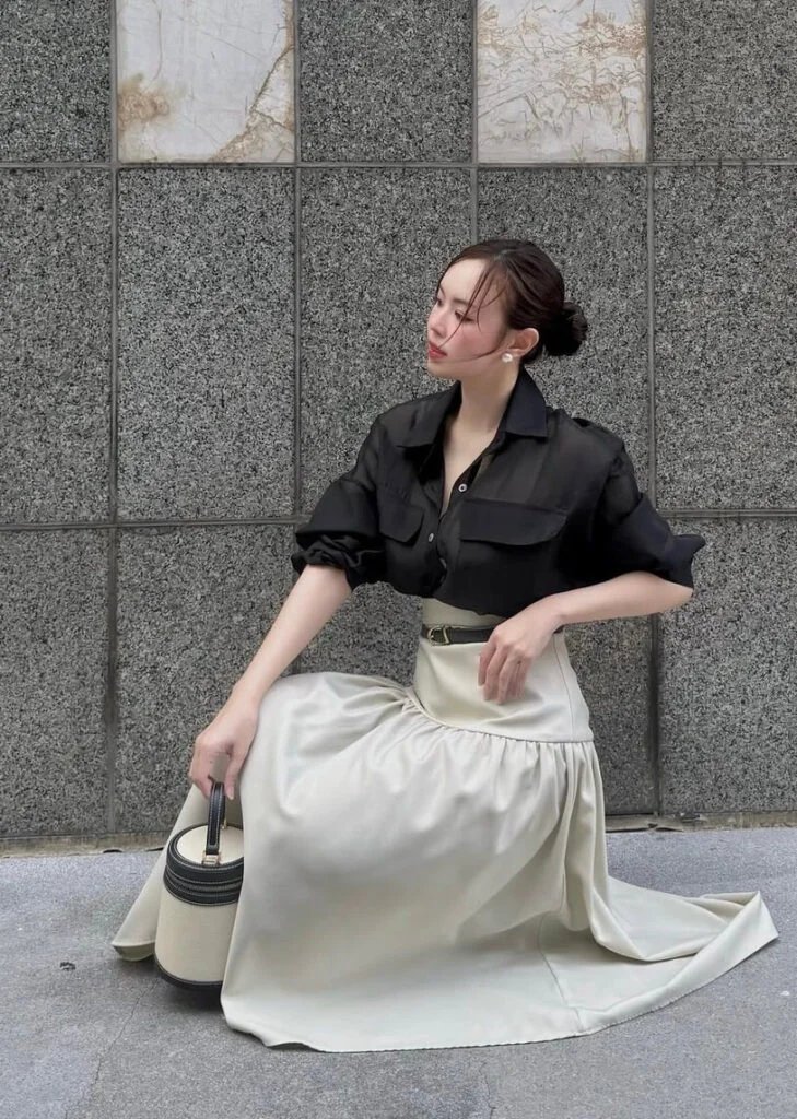 Black Blouse, Cream Skirt