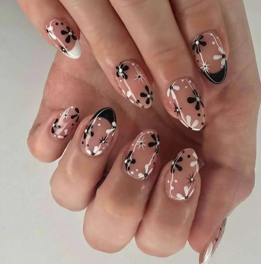 Black White Floral Nails
