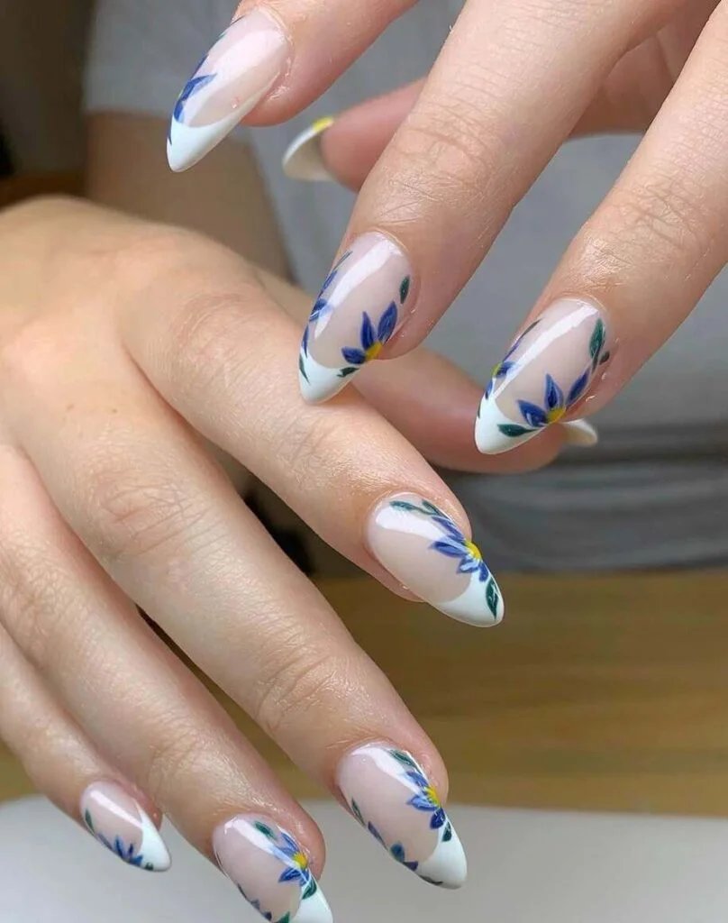 Blue floral French tips