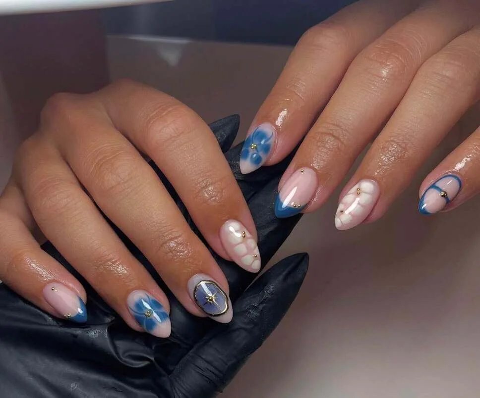 Blue Floral French Tips