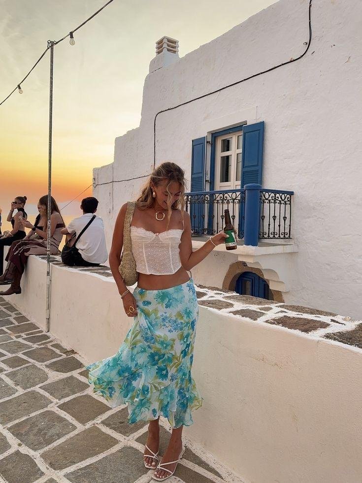 Blue floral skirt with white top