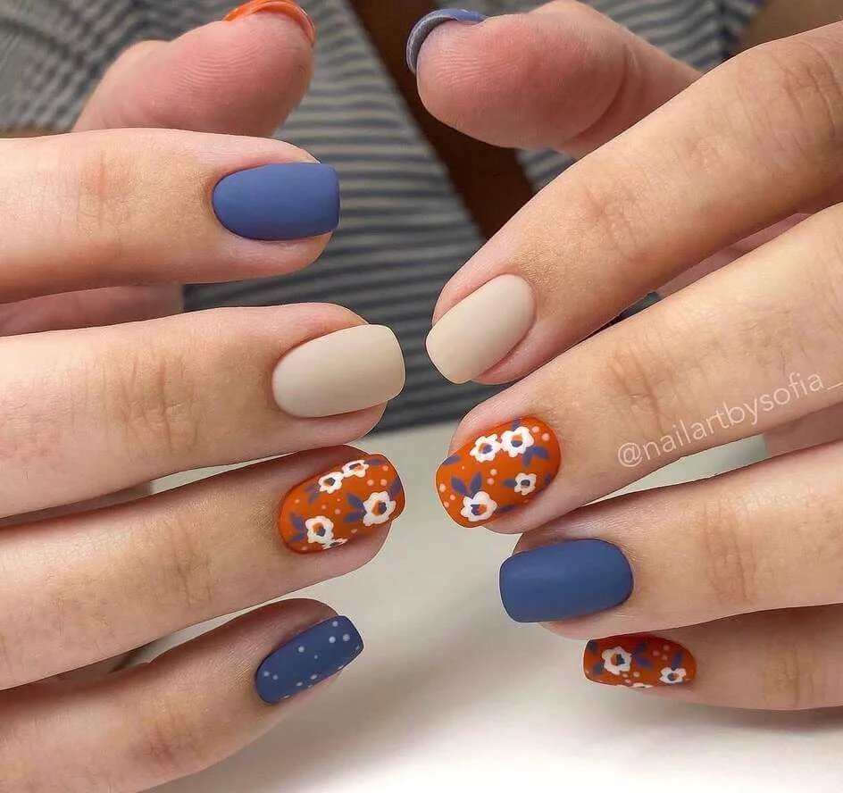 Blue orange floral nails