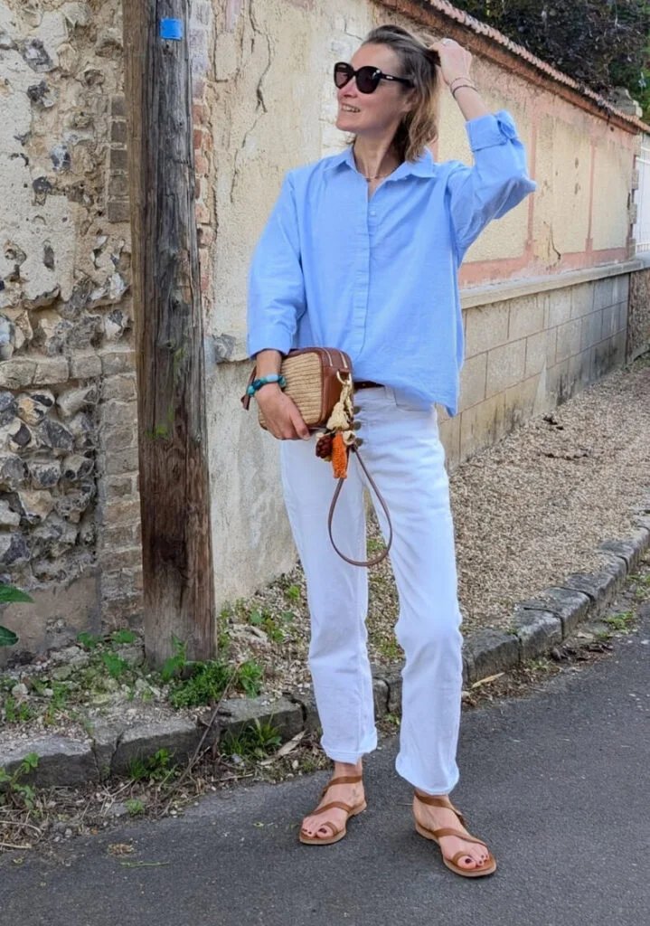 Blue shirt, white jeans