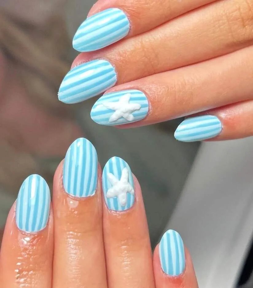 Blue Stripe Starfish Nails