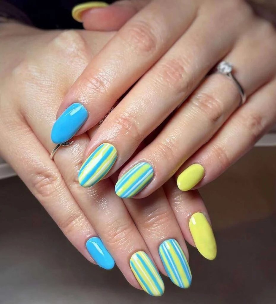 Blue Yellow Stripe Nails