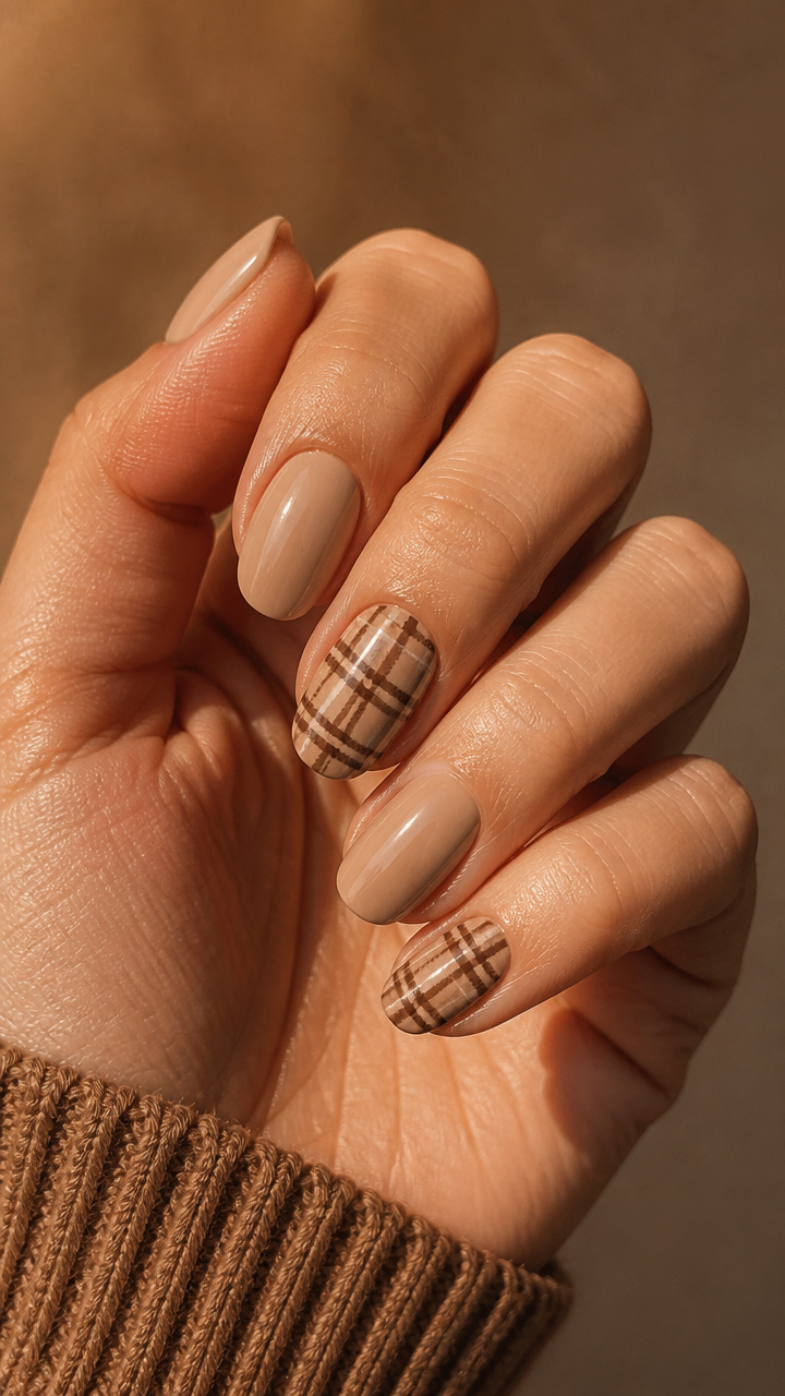 Brown Plaid Accent Nail Design