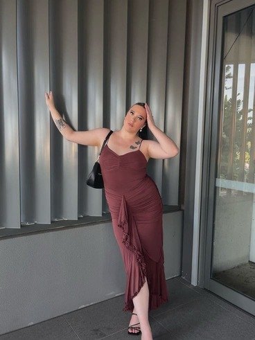 Brown ruched midi dress