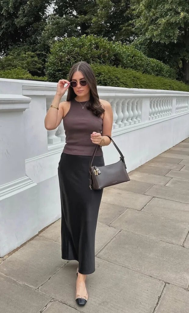Brown tank, black skirt