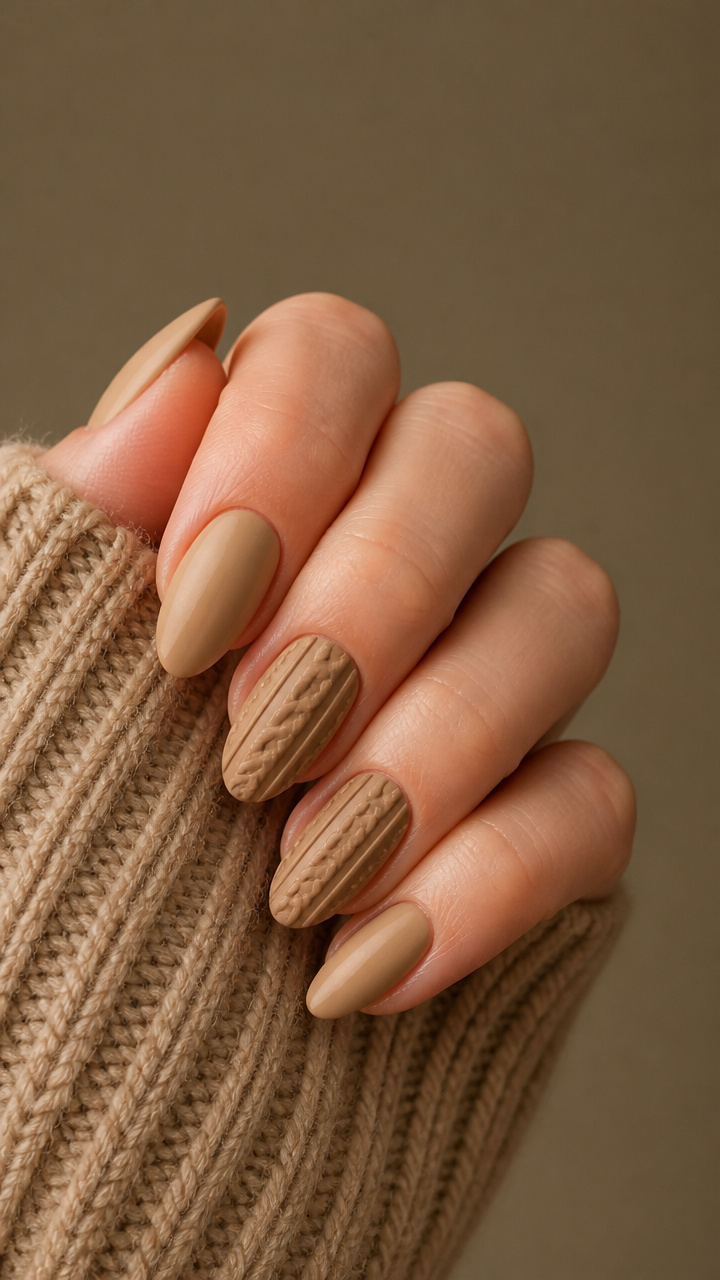 Camel Cable-Knit Accent Nails