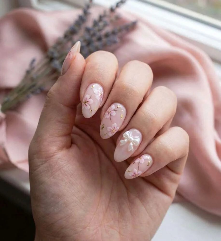 Cherry blossom nails with gold foil and pearls