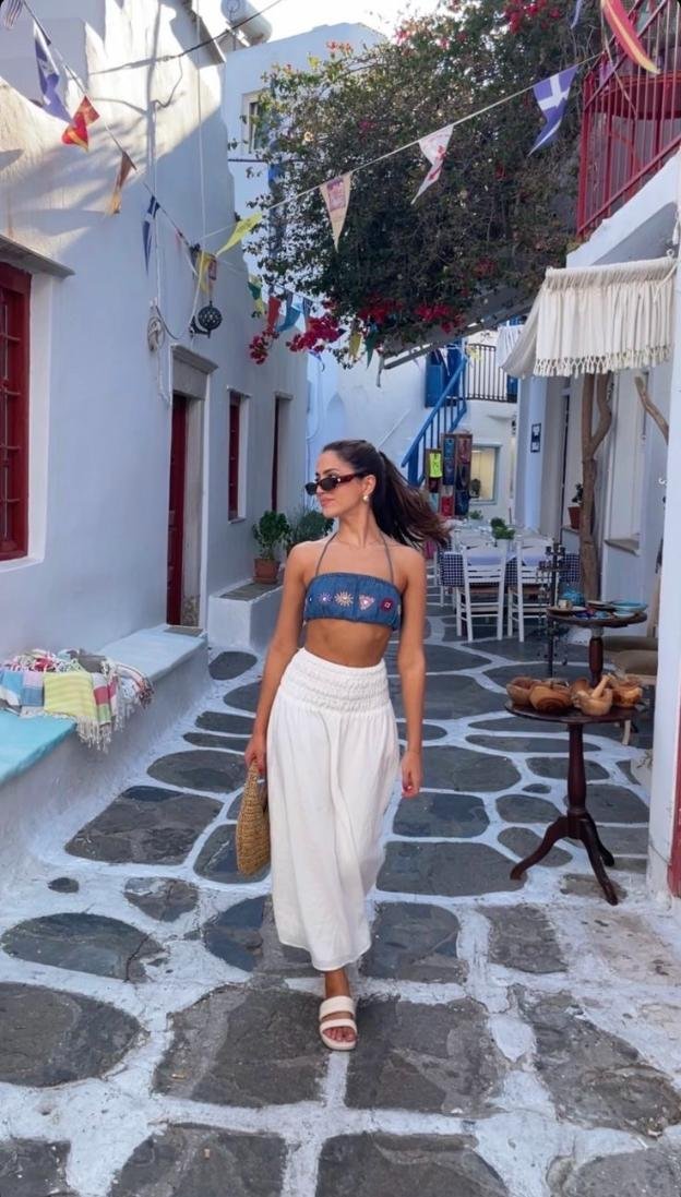 Denim Bandeau and White Trousers
