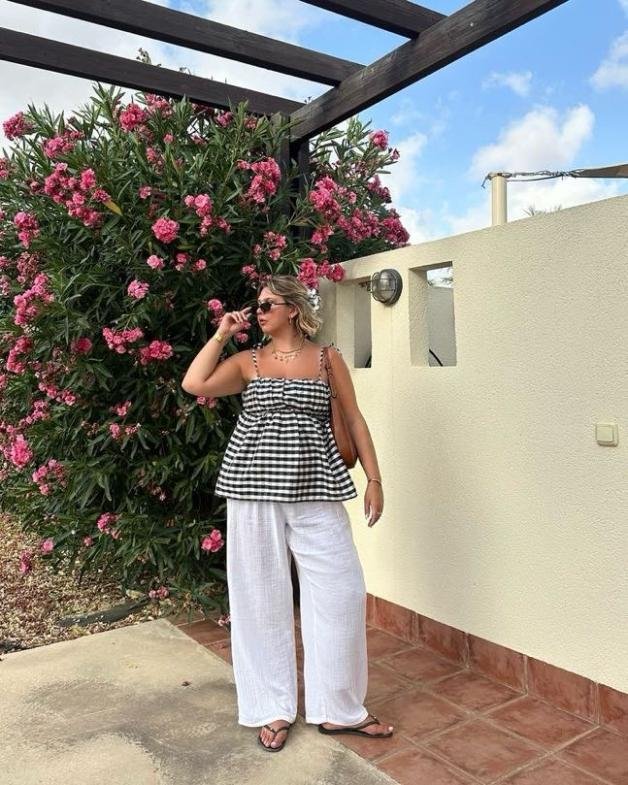 Gingham Camisole with Linen Trousers