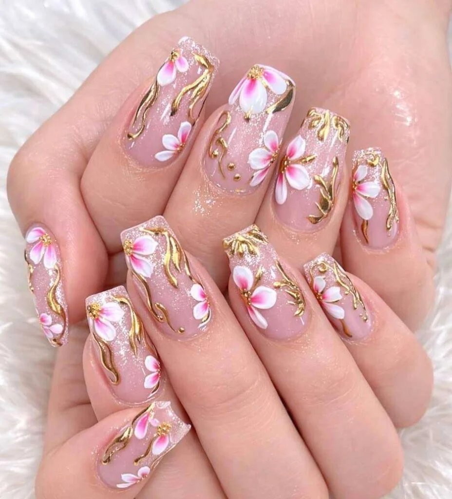 Gold-Painted Floral Nails