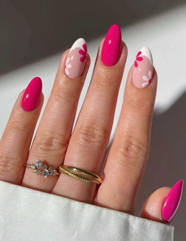 Hot Pink Daisy Nails