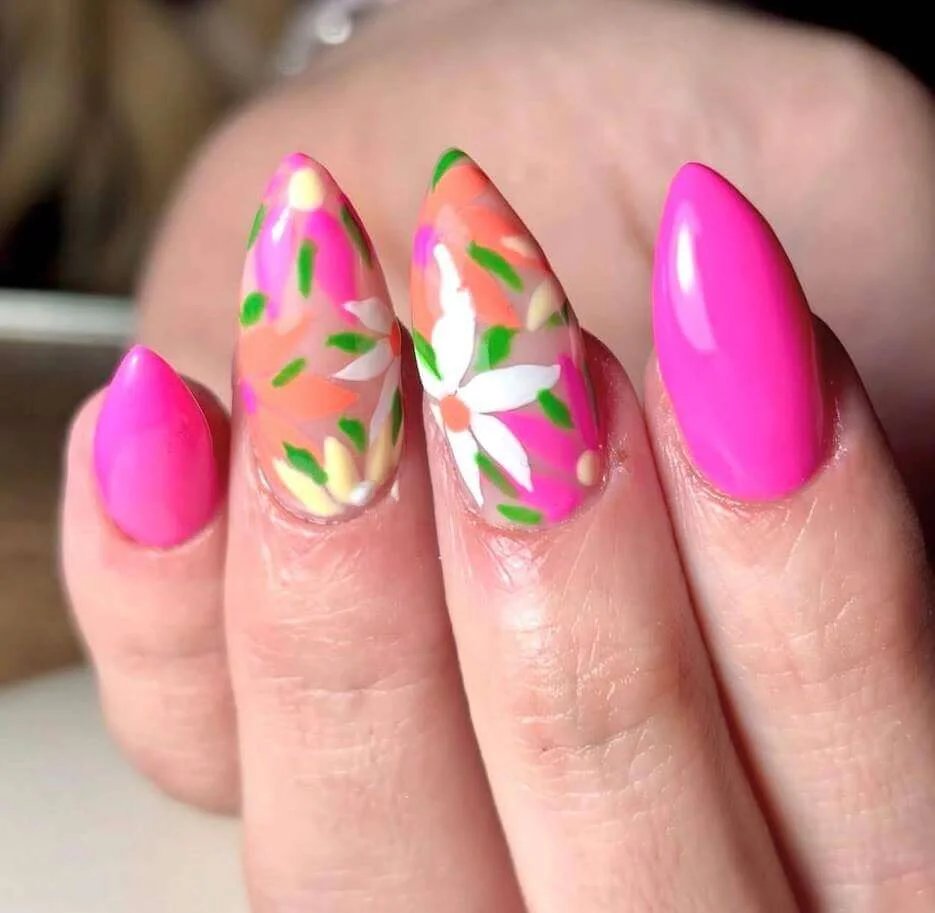 Hot Pink Floral Nails