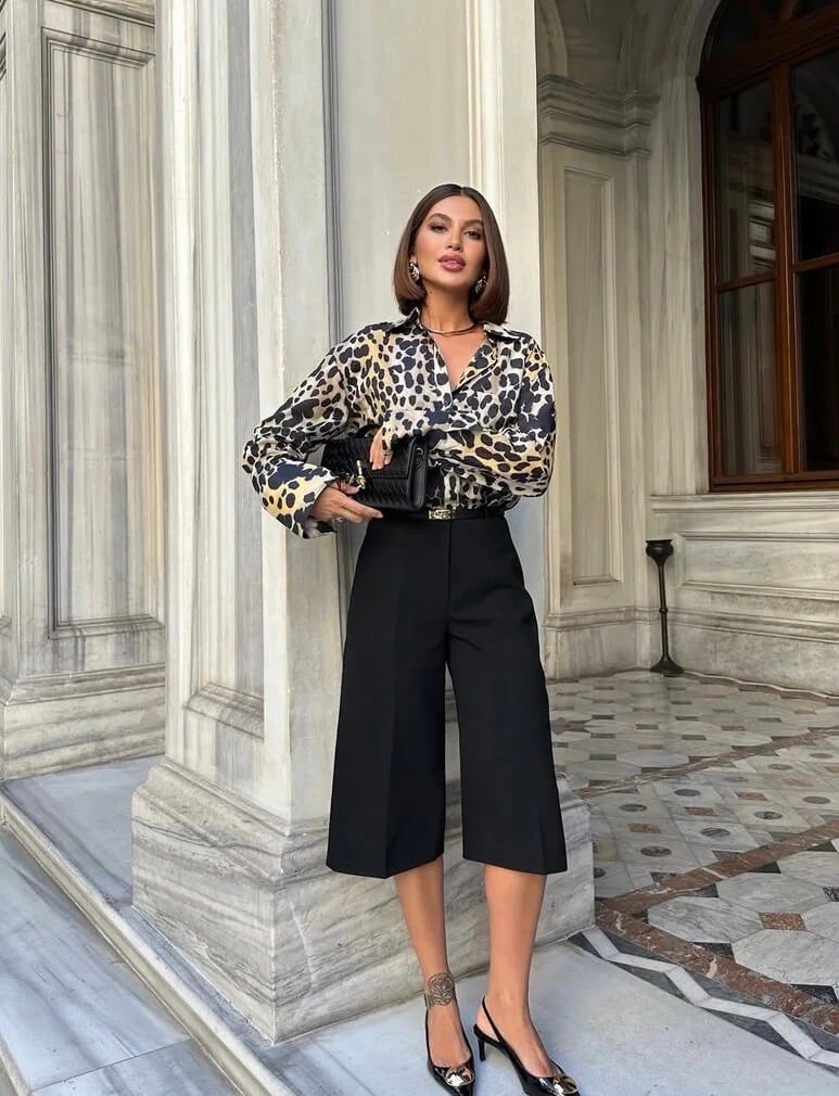 Leopard Blouse with Black Culottes