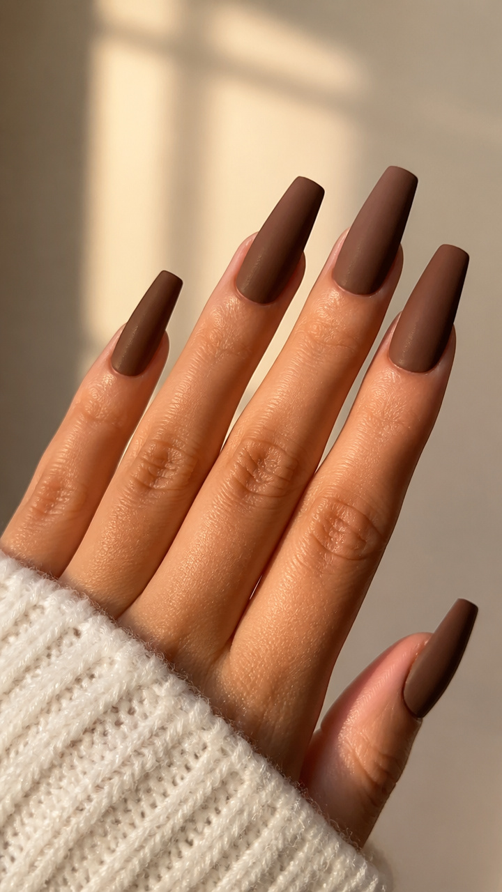 Matte Chestnut Coffin Manicure