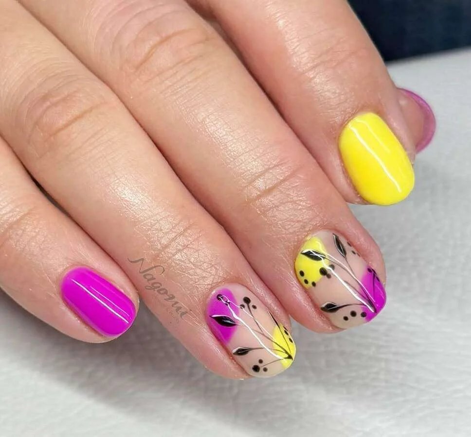 Neon Pink and Yellow Botanical Nails