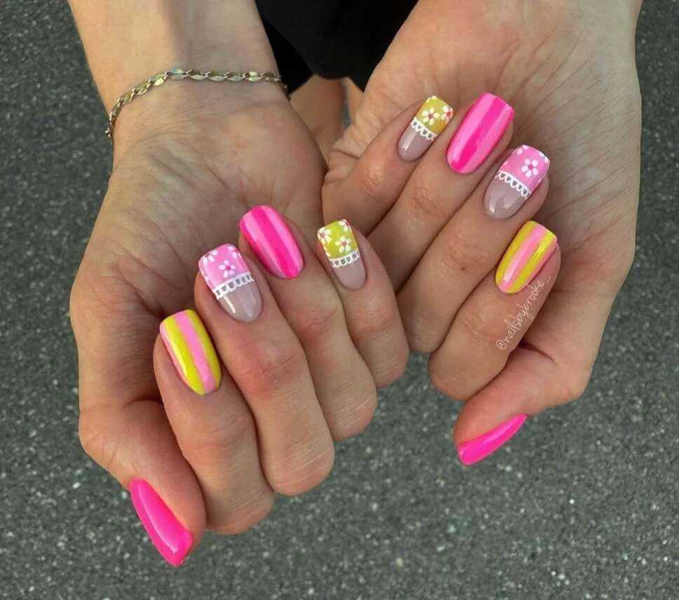 Neon pink flower nails