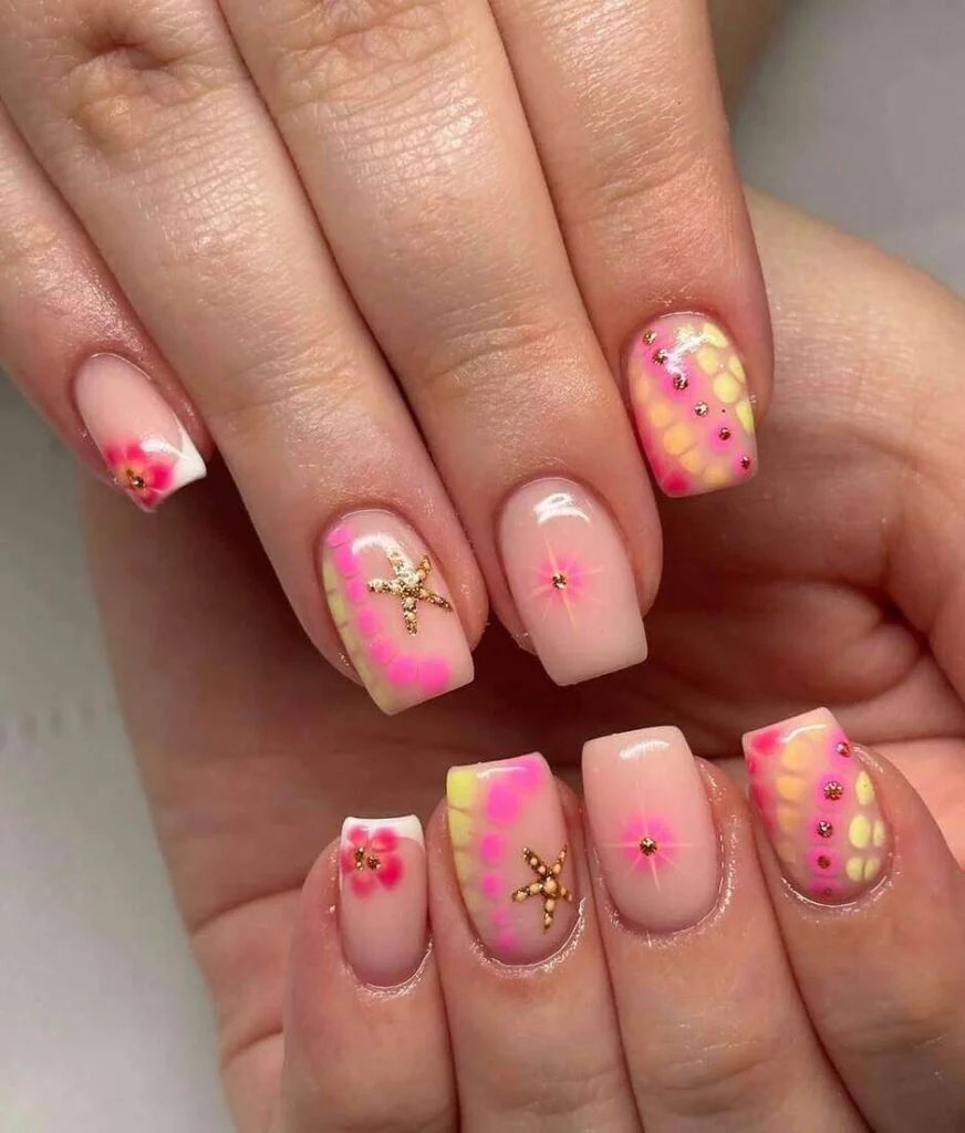 Neon Pink Yellow Nails