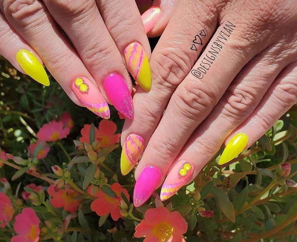 Neon pink yellow nails