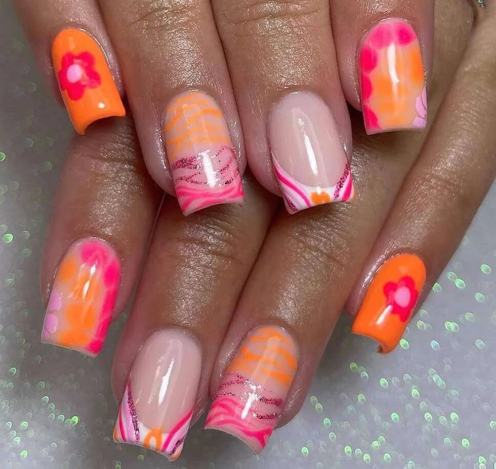 Orange pink swirls glitter