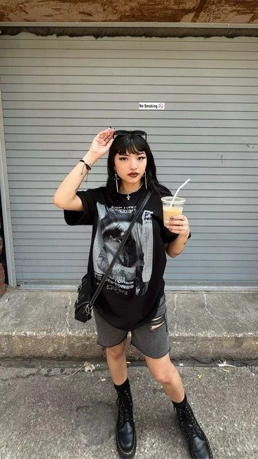 Oversized graphic tee with distressed shorts