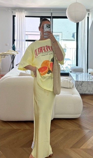 Pale yellow tee and skirt