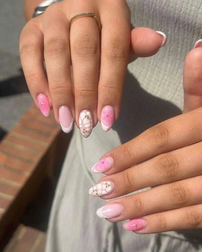 Pink daisy accent nails