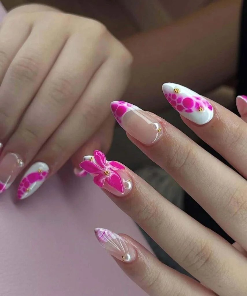 Pink floral beach nails