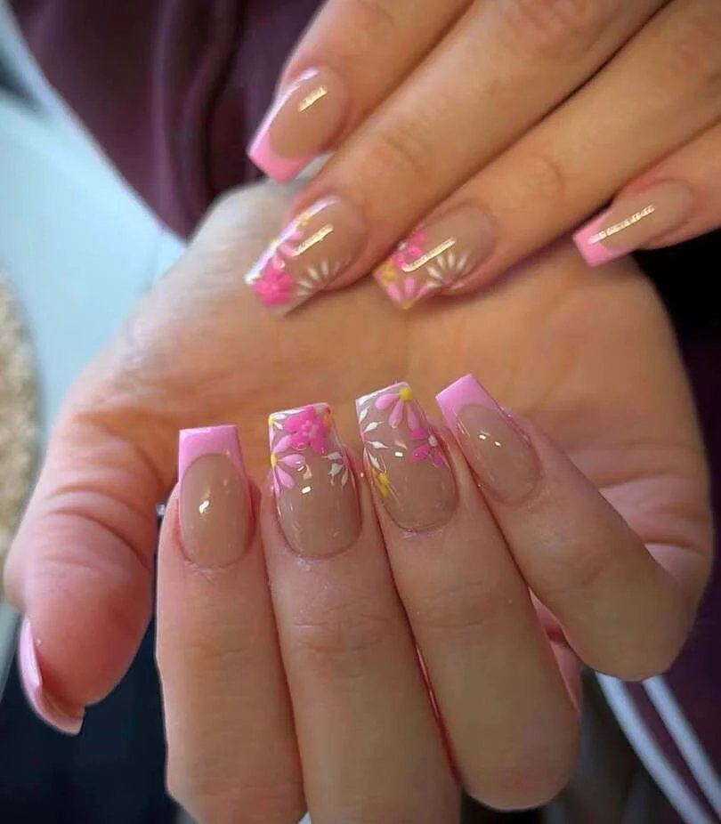 Pink floral French tips