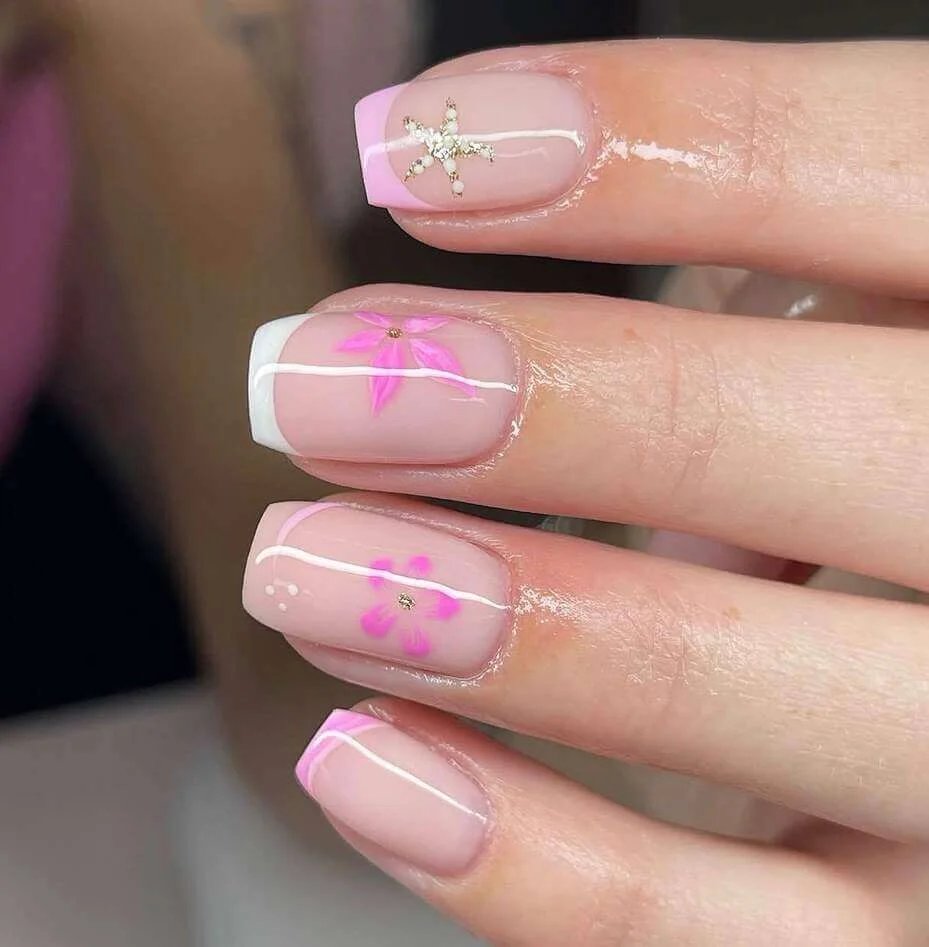 Pink floral French tips