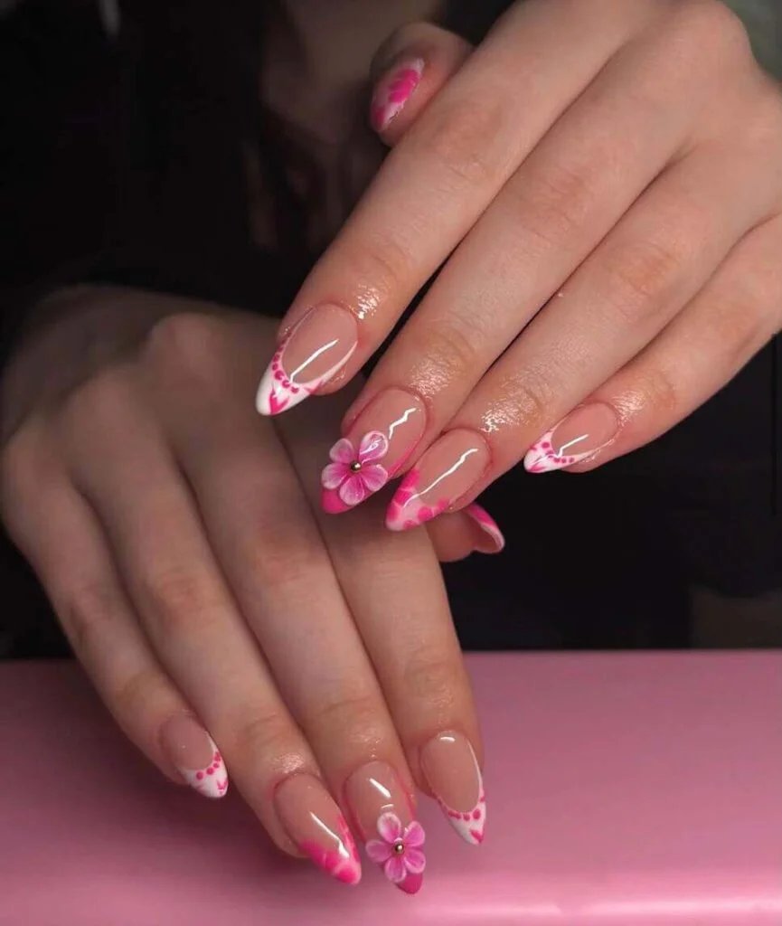 Pink floral French tips