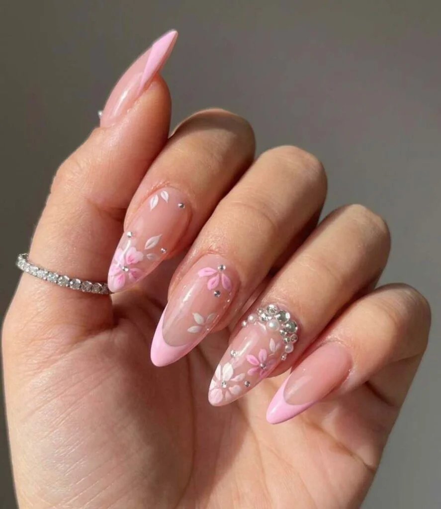 Pink floral French tips with rhinestones