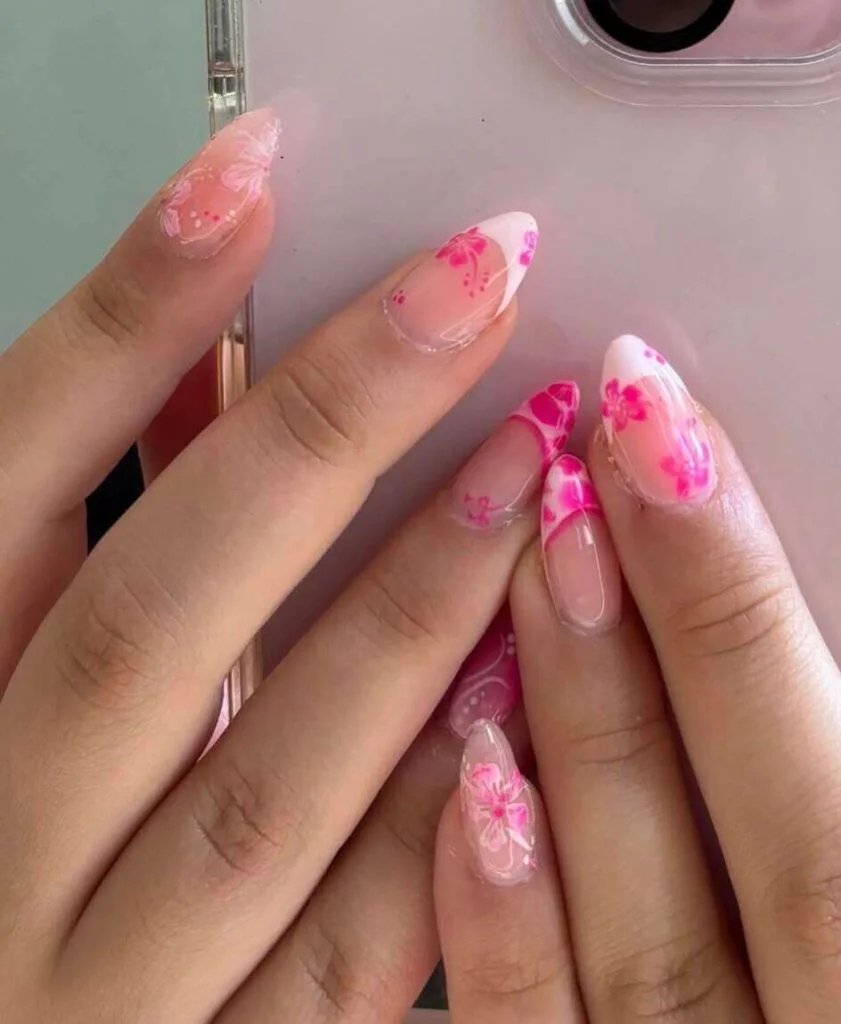 Pink Floral French Tips