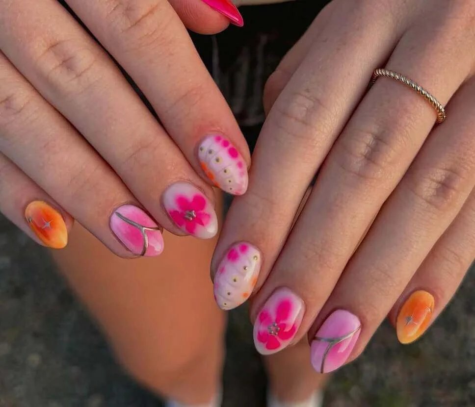 Pink floral nails