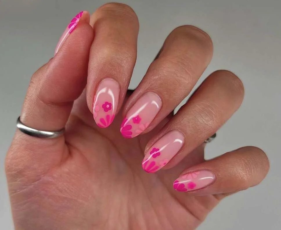 Pink floral sheer nails
