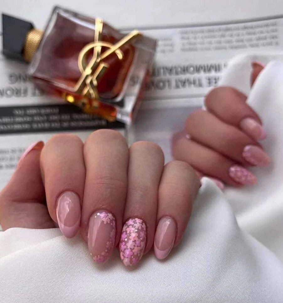 Pink flower confetti nails
