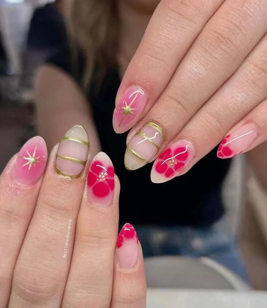 Pink flowers, gold accents