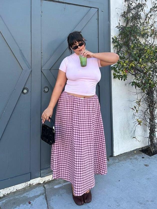 Pink Gingham Midi Skirt