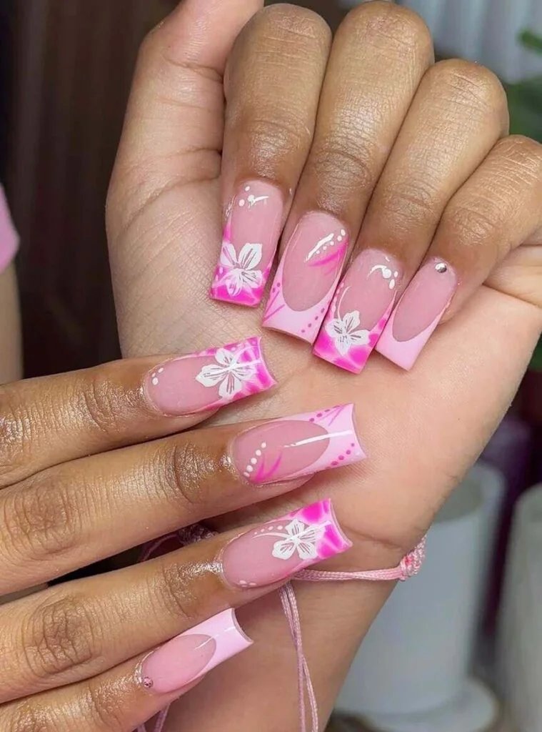 Pink hibiscus on square nails