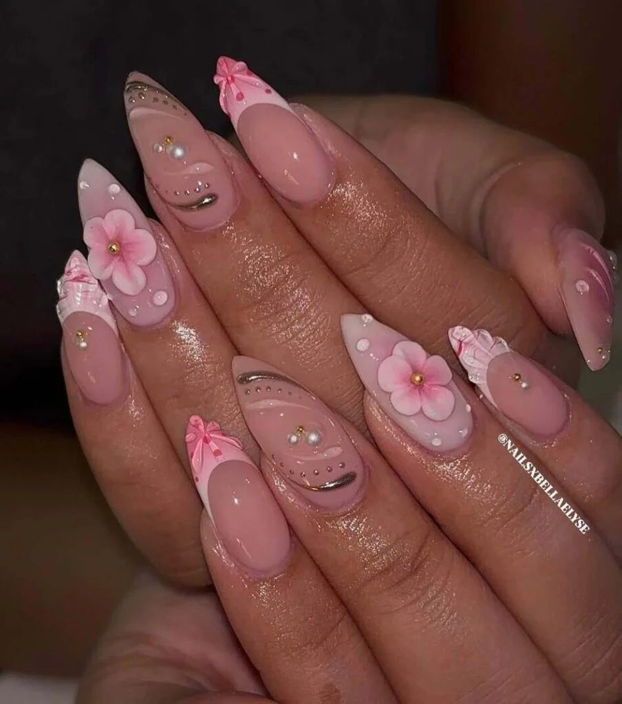 Pink pearl floral nails
