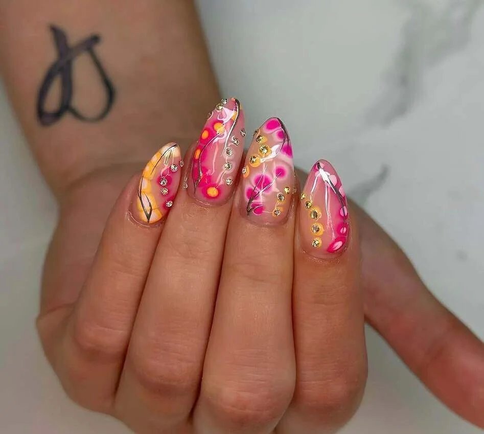 Pink rhinestone nails