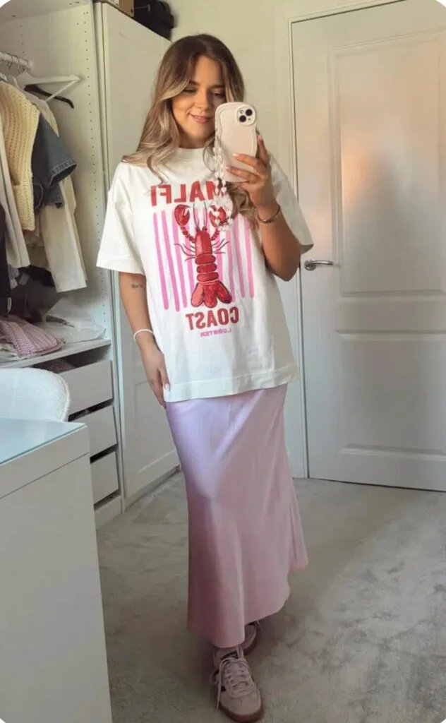 Pink satin skirt, graphic tee