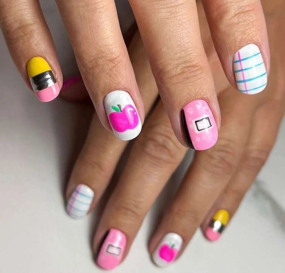 Pink school theme nails