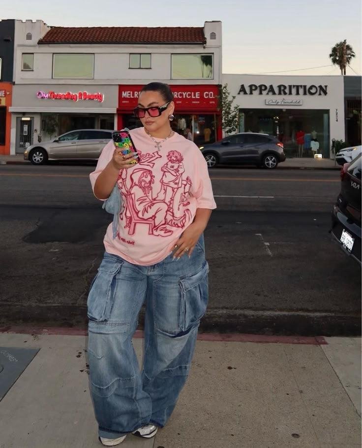 Pink Tee, Oversized Denim