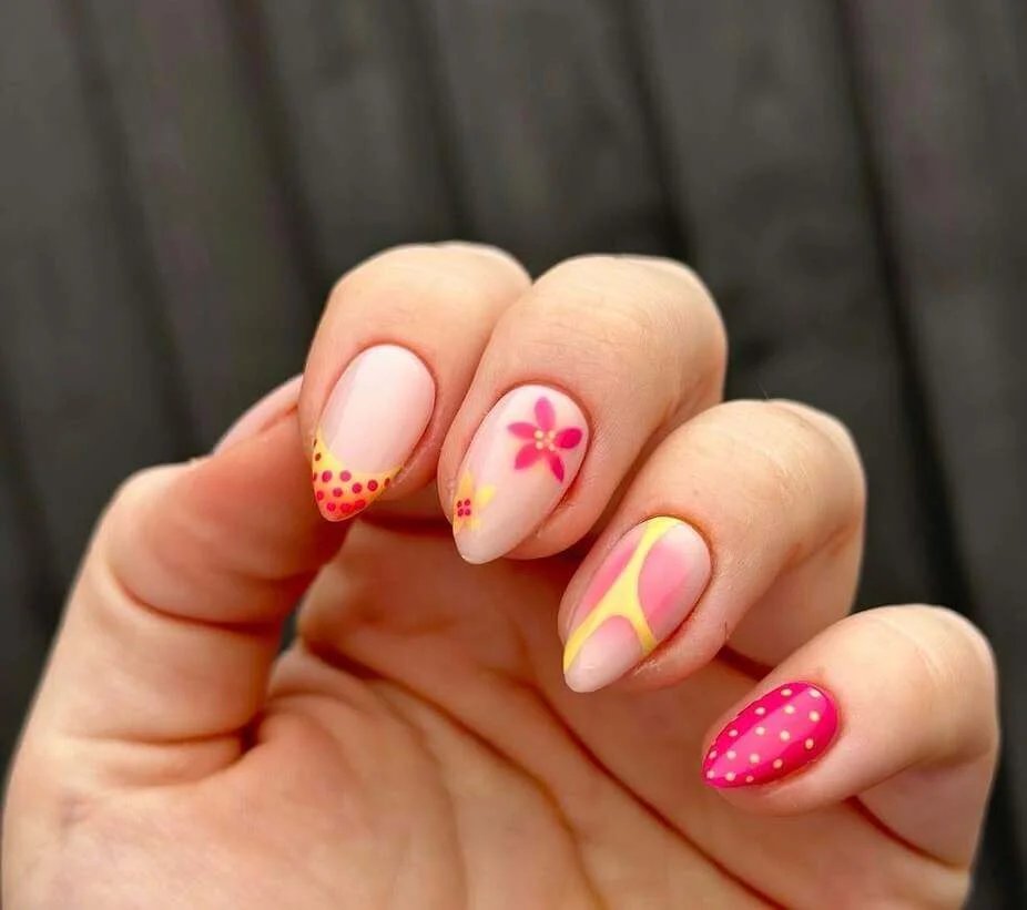 Pink yellow floral nails
