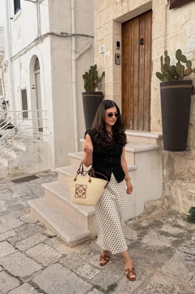 Polka dot maxi skirt, black vest