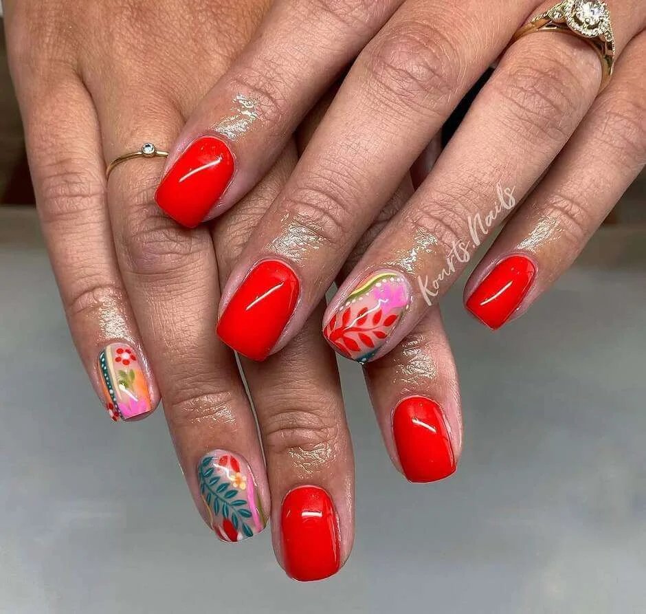 Red floral summer nails