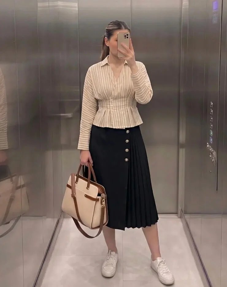 Striped Blouse, Pleated Skirt